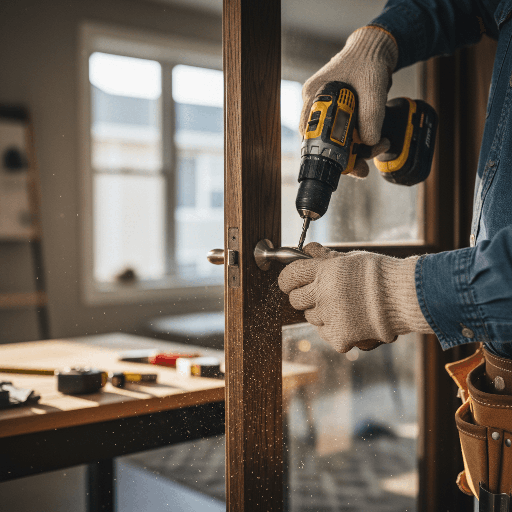 professional handyman with tools working on home repair in bright interior