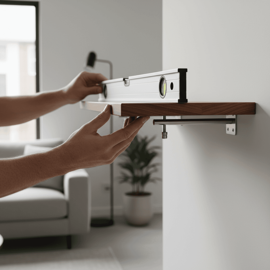 Handyman installing a wall shelf with a level in a bright living room