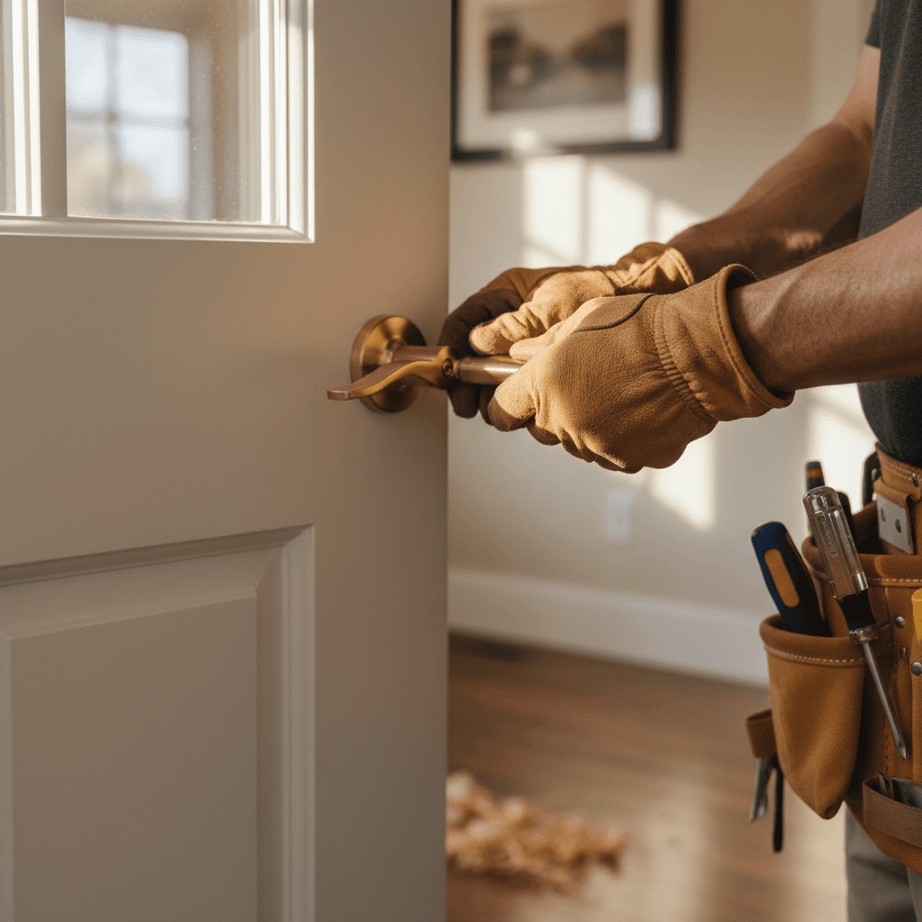 Handyman with a toolbox entering a home for routine maintenance