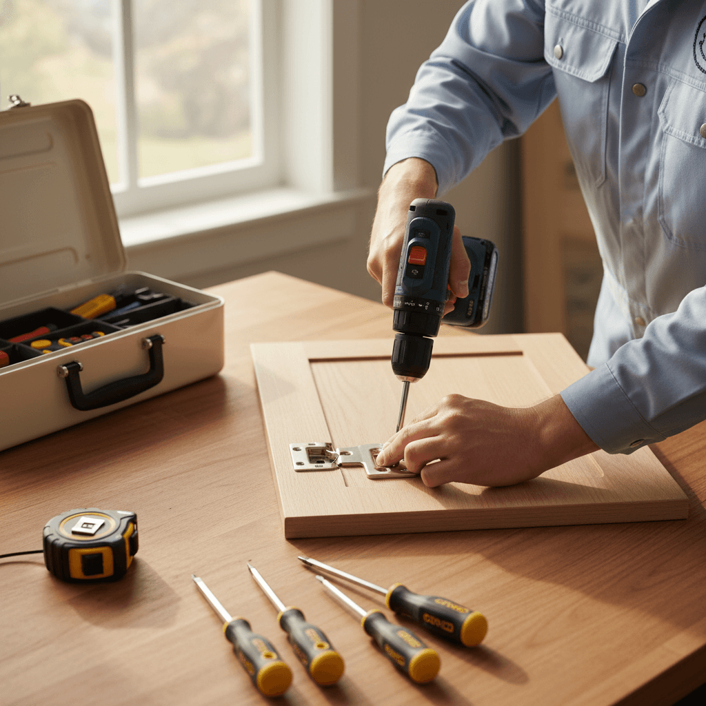 Friendly handyman holding toolbox standing in bright modern home interior