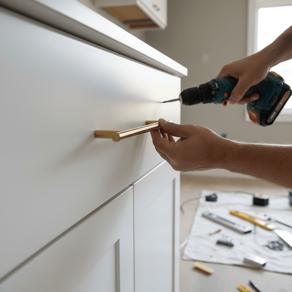 Cabinet hinge adjustment with a screwdriver in a modern kitchen