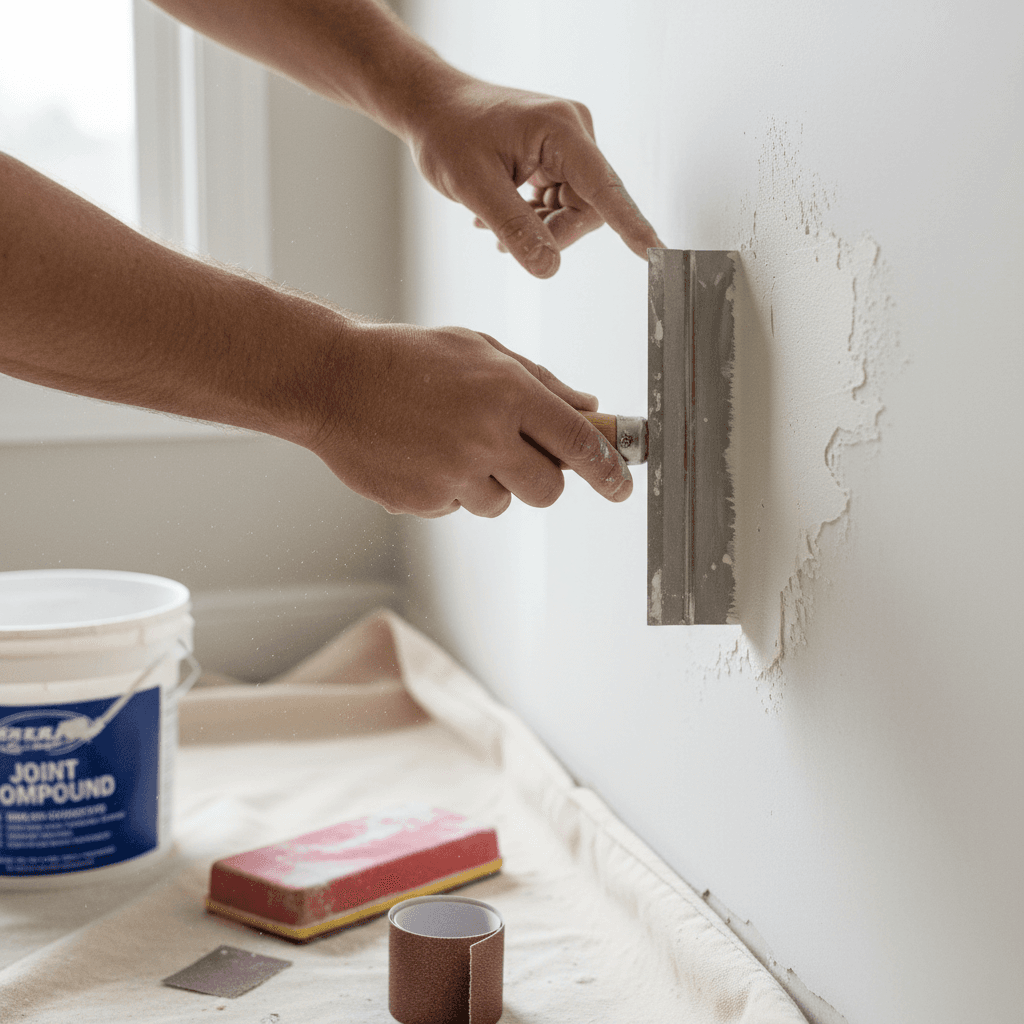 Close-up of drywall patching with a putty knife and joint compound