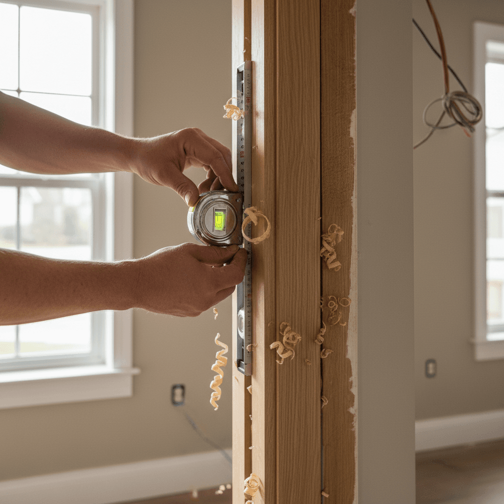 Handyman repairing a wooden door frame with a drill inside a bright home