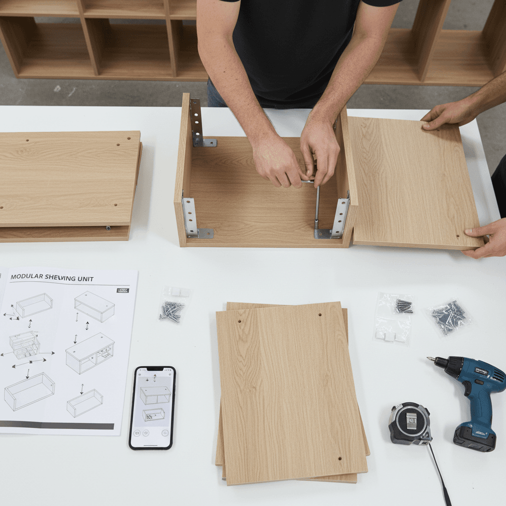 Furniture assembly in progress with tools on a wood floor