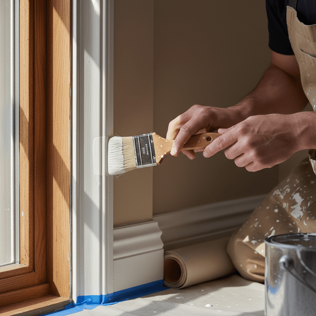 Painting touch-ups on white trim with a small brush and paint can
